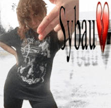 a woman wearing a black shirt that says sybau on it