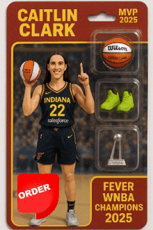 a card for caitlin clark with a basketball and shoes