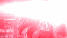 a girl with long red hair is standing in front of a red background with a light coming out of her hair .
