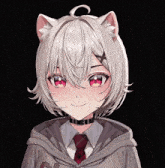 a girl with white hair and red eyes is wearing a choker and a hoodie