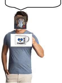a man holding a mug that says i love ovolox