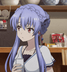 a girl with long blue hair is holding a bottle