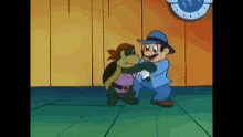 a cartoon of a man and a turtle standing next to each other in a room .
