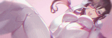 a girl with glasses is laying down on a pink surface .