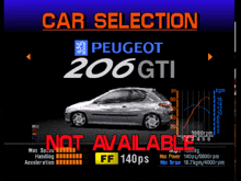 a peugeot 206 gti is displayed in a car selection screen