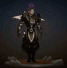 a man with a beard is wearing a black and silver armor with a purple light on his head
