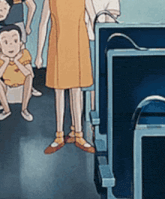 a cartoon of a woman in an orange dress standing in front of a computer monitor