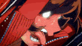 a close up of a person 's face with their mouth open and their eyes glowing