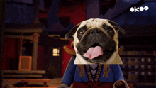 a pug dog with its tongue hanging out is dressed up as a lego character