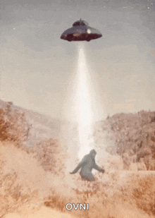 a painting of an ufo flying over a bigfoot with the words ovni written below it