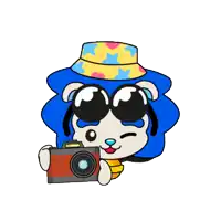 a cartoon drawing of a blue sheep wearing sunglasses and a hat holding a camera