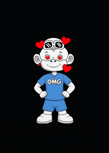 a cartoon character wearing a blue shirt that says omg