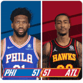 two basketball players from the philadelphia 76ers and the atlanta hawks standing next to each other