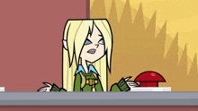 a cartoon girl is pressing a red button on a desk