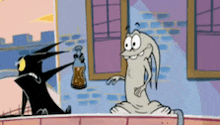 a cartoon of a cat and a rabbit holding a bottle