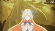 a drawing of a woman with long blonde hair and a crown of feathers with the word bilibili written on the bottom