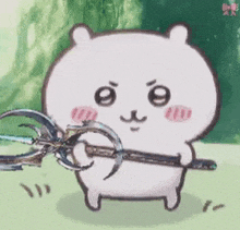 a cartoon of a white bear holding a sword in a field .