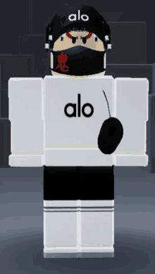 a cartoon character wearing a black mask and a white shirt with the word alo on it