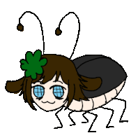 a cartoon drawing of a ladybug with a green flower on her head