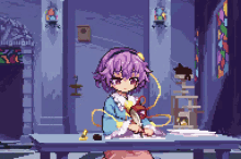 a pixel art drawing of a girl with purple hair sitting at a table