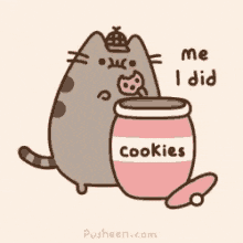a cartoon of a cat eating a cookie next to a jar of cookies