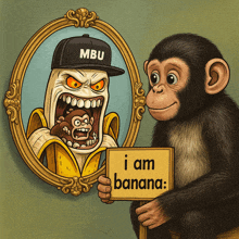a chimpanzee holding a sign that says i am banana