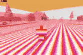 a pixel art of a person standing in a field of pink and orange stripes