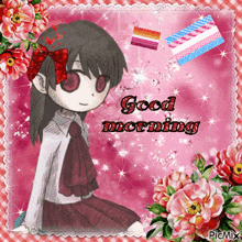 a picture of a girl with flowers and the words " good morning "