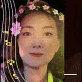 a woman with a flower crown on her head is surrounded by musical notes
