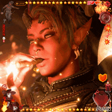 a picture of a woman with horns and a sticker that says love on it