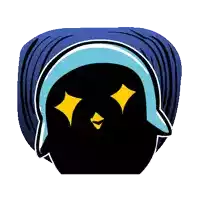 a black penguin with yellow eyes and a blue hat on