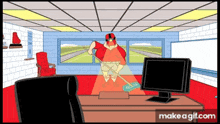 a cartoon of a man mopping a desk with a computer monitor in the background