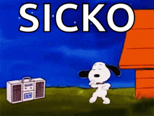 a cartoon of snoopy dancing in front of a boombox with the words sicko above him