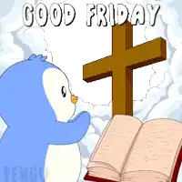 a penguin is standing in front of a cross and a bible with the words good friday above it
