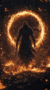 a man in a hood stands in a circle of fire