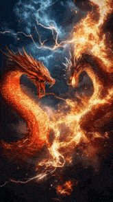 two dragons are fighting each other in a painting