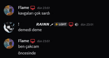 a screen shot of a conversation between flame and rainn at 23:51