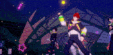 a group of people are dancing in a dark room with neon stars and music notes