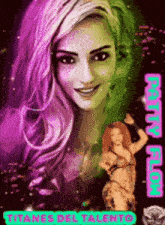 a poster of a woman with purple hair and the words titanes del talento on it