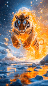 a tiger is jumping over a body of water with fire coming out of its paws .