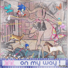 a picture of sonic the hedgehog surrounded by butterflies and animals with the words on my way at the bottom
