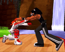 a video game shows two characters fighting each other and one of them is wearing a black shirt with a skull on it