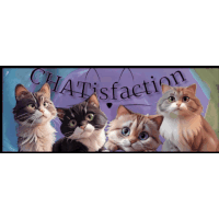 a painting of four cats with the word chatisfaction written on the bottom