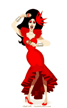 a cartoon drawing of a woman in a red dress holding maracas by chad sell