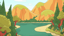a cartoon landscape with mountains and trees and a river