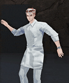 a man in a white shirt and apron is standing with his arm outstretched