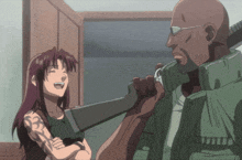 a man is holding a gun while a woman laughs