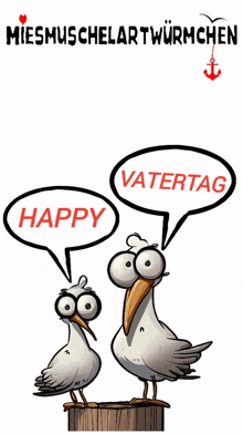 two seagulls standing on a stump with speech bubbles saying happy and vatertag