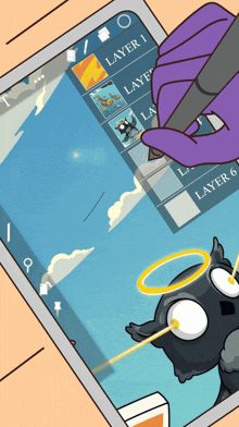 a cartoon drawing of a cat with a halo and the words layer 1 and layer 6 on the screen