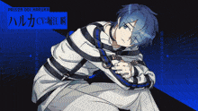 a blue haired anime character with the name prison 001 haruka on the bottom